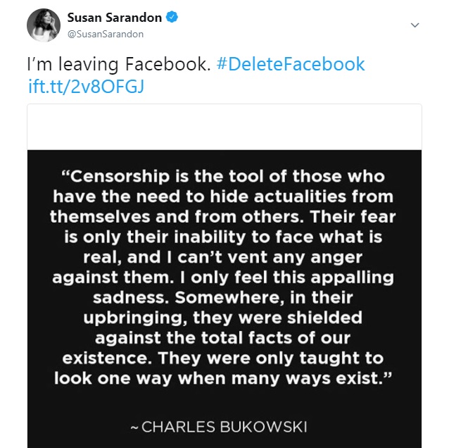 Пока, фейсбук: Сьюзен Сарандон тоже удалила свой аккаунт 